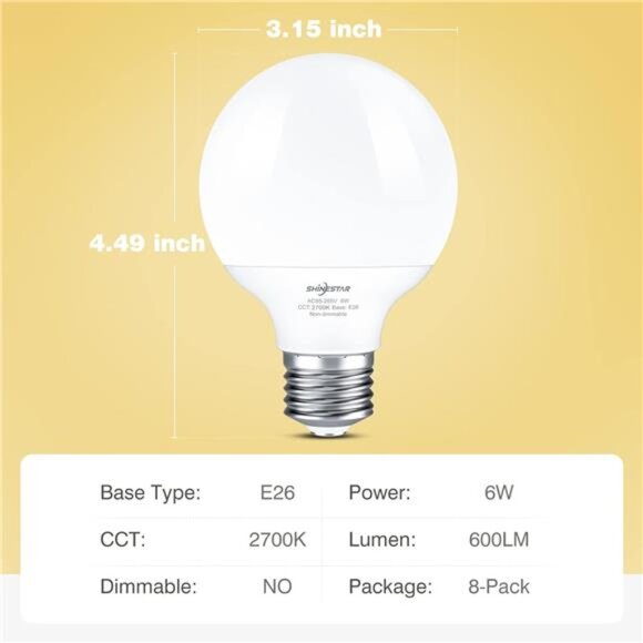 8-Pack Vanity Light Bulbs for Bathroom 60 Watt, Warm White 2700K, G25 LED Globe - Picture 2 of 7